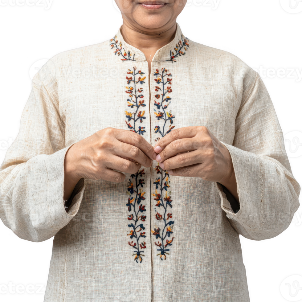A close-up of a person adjusting the embroidered garment, symbolizing cultural heritage. png