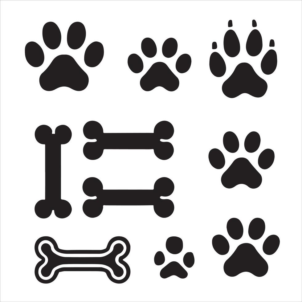 Adorable Dog Paw Prints and Bones Silhouette Icons Collection vector