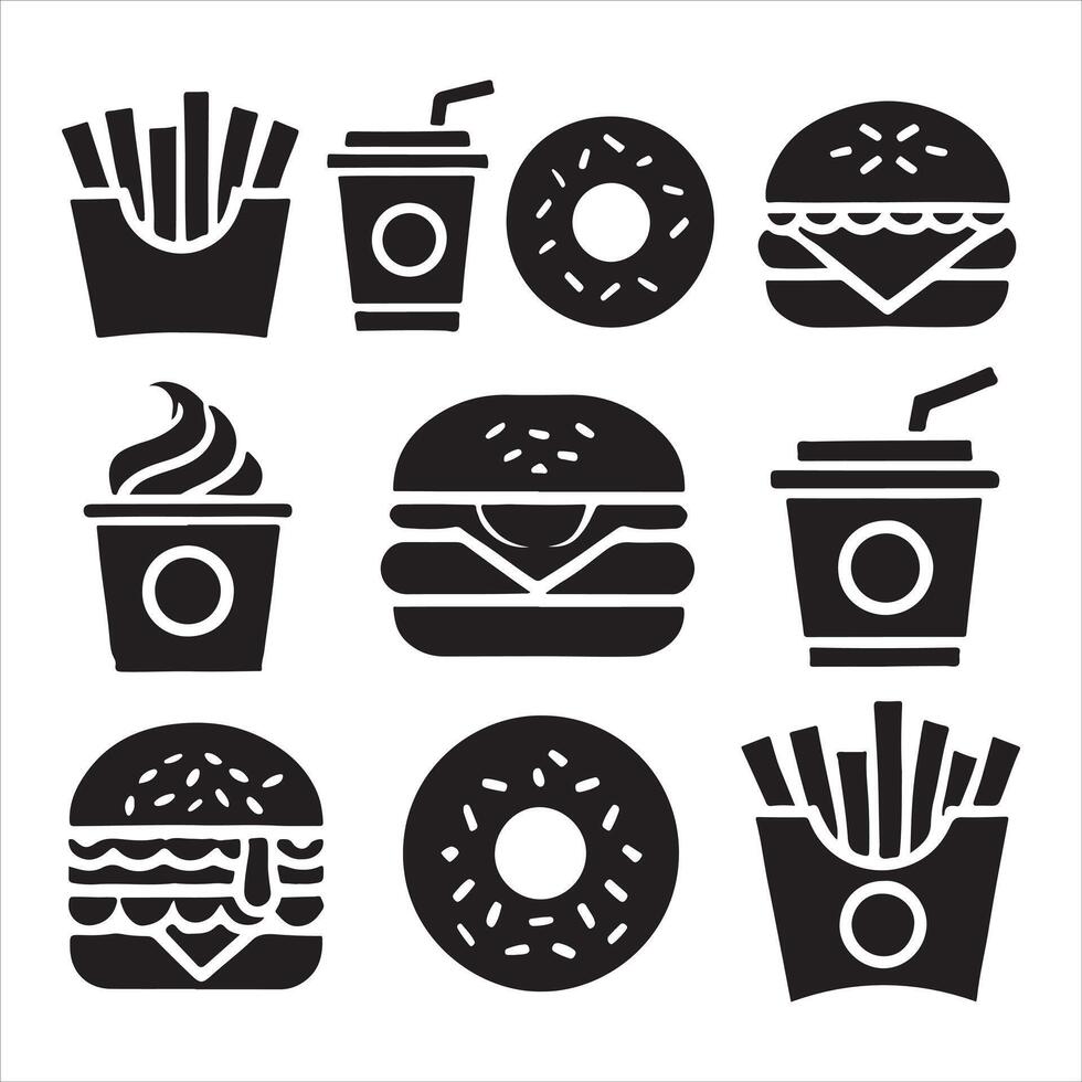 Fast Food Icons Set Burgers Fries Donuts and Drinks vector
