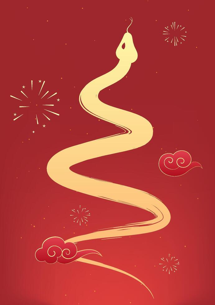 Spring Festival poster design gold snake and moire fireworks vector