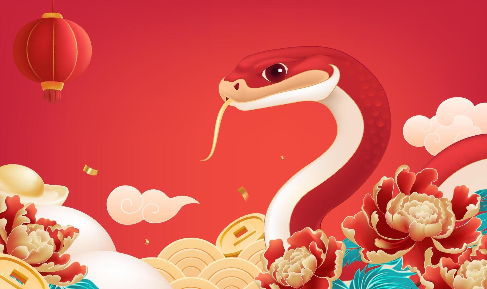 Spring Festival background design red snake surrounded by rich peony vector