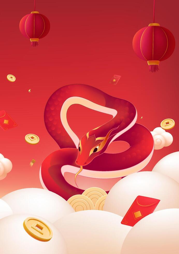 Spring Festival poster design red snake red lantern red packet and wealth vector