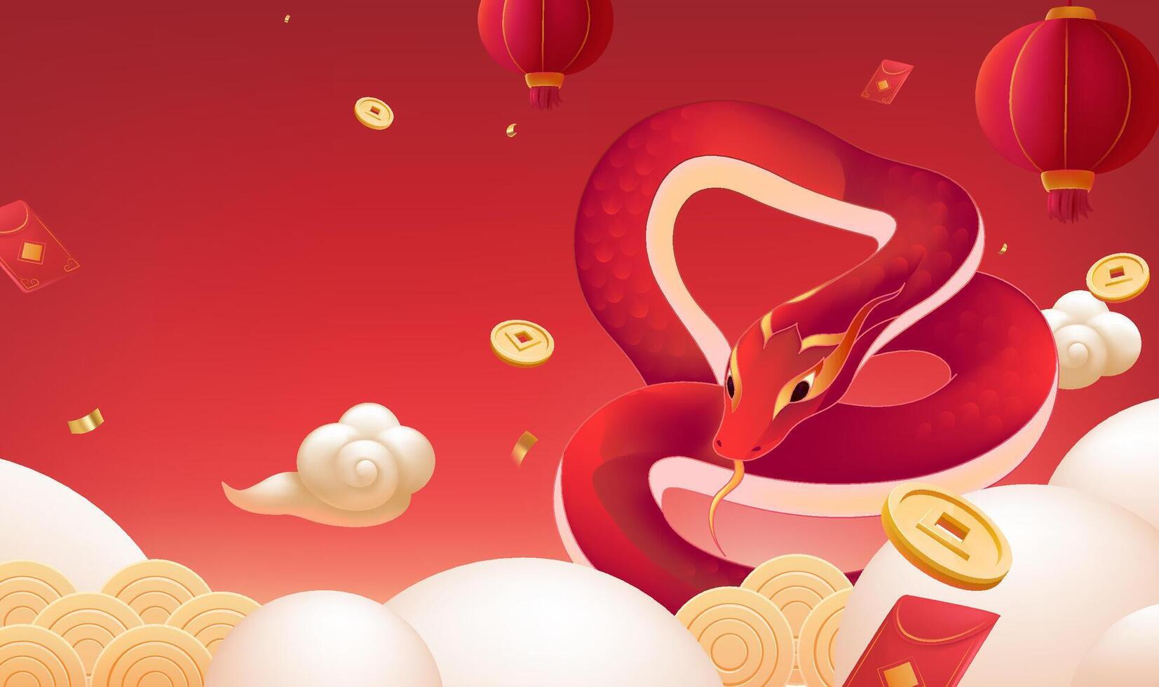 Spring Festival background design red snake red lantern red packet and wealth vector
