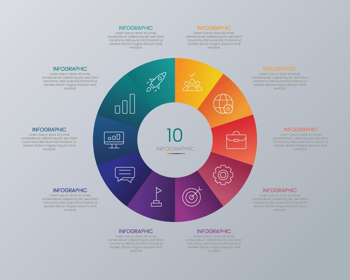 Circle shape infographic chart template with 10 options. vector