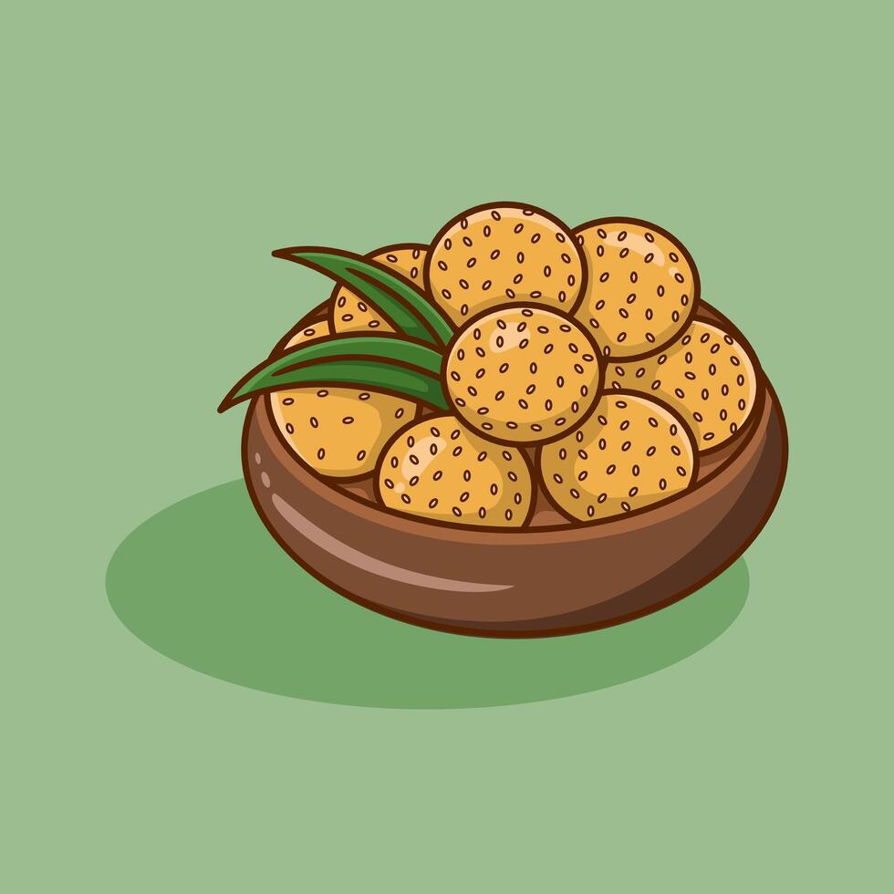 Illustration of dessert sesame balls or onde onde on a plate, a traditional Indonesian snack, isolated. Element onde-onde sprinkled with sesame seeds with green bean filling. vector