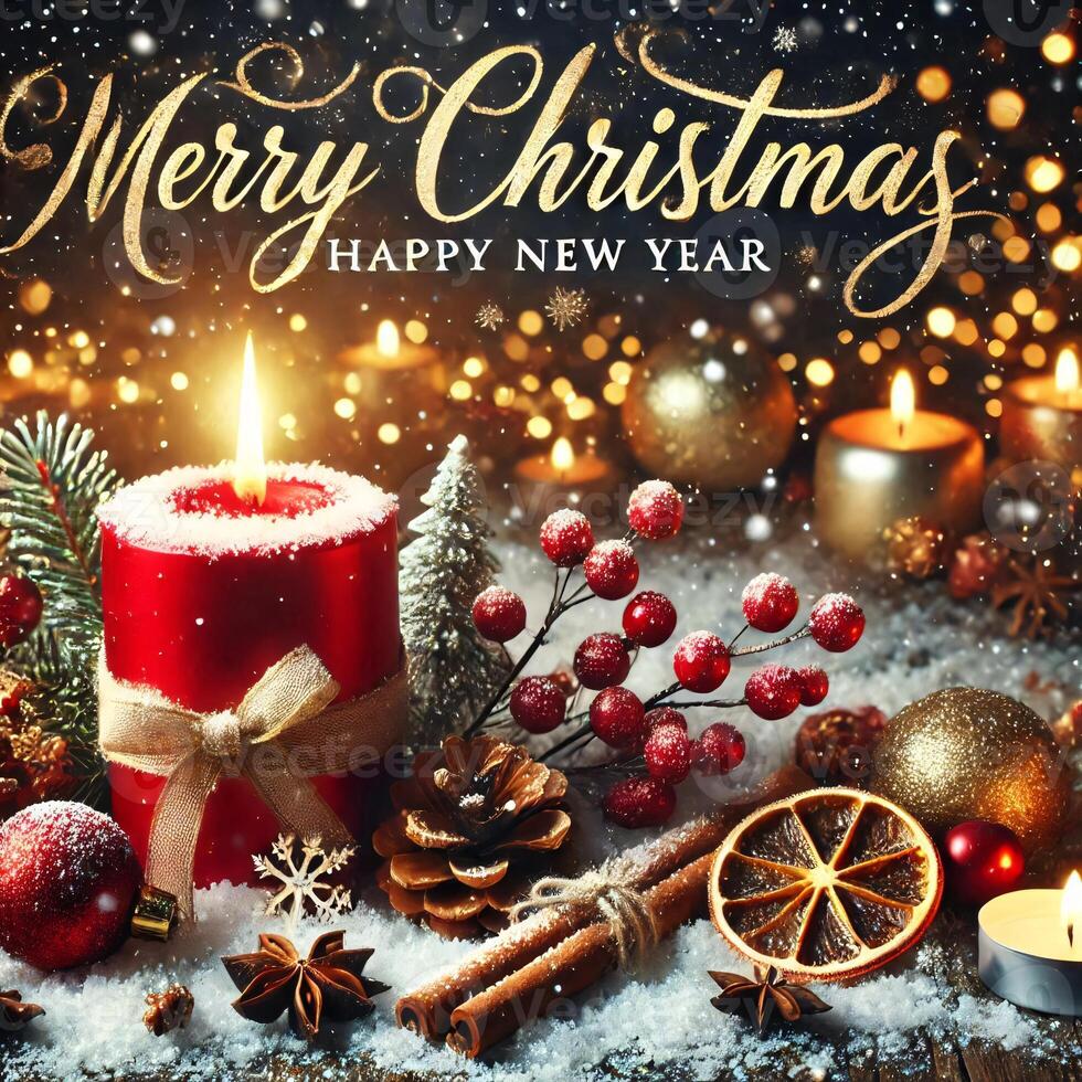 Christmas candles and christmas decorations on a snowy background with christmas lights and candles, christ photo