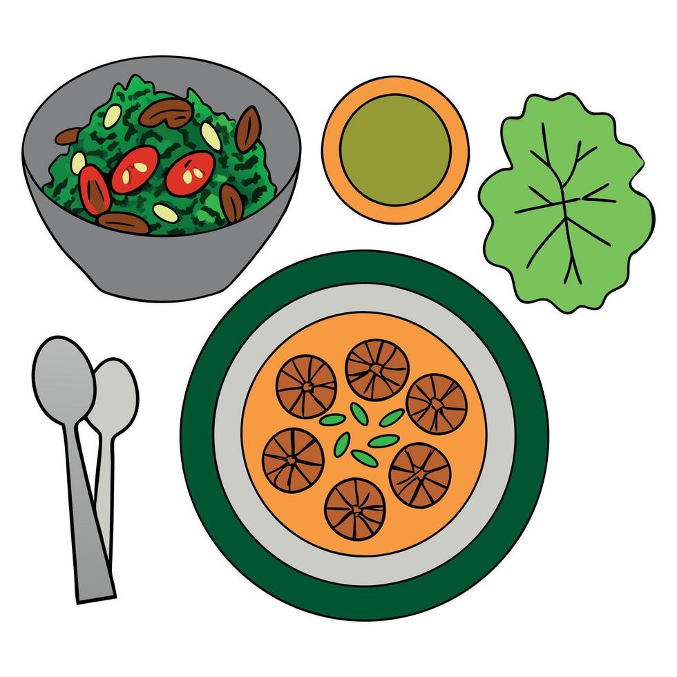 A bowl of soup, salad and spoon vector
