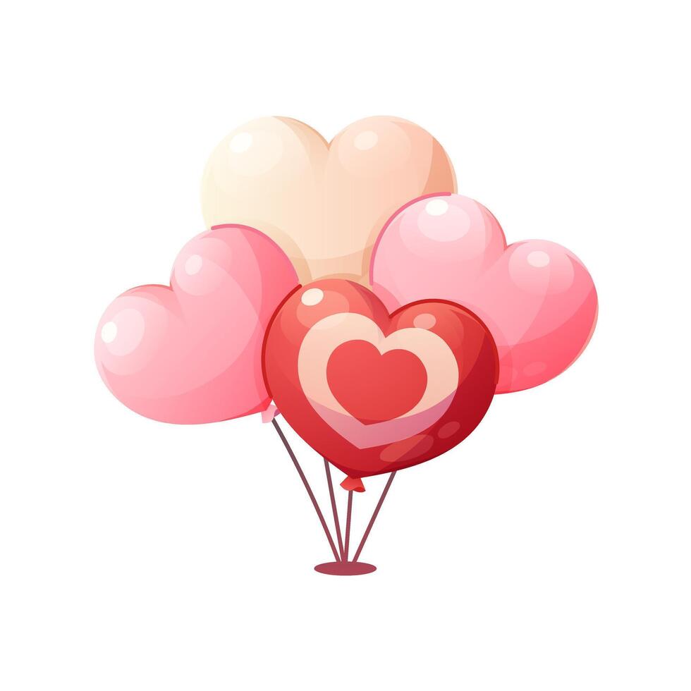 Bunch of festive heart shaped balloons for valentine's day. Cartoon balloons on plastic stand. isolated element vector