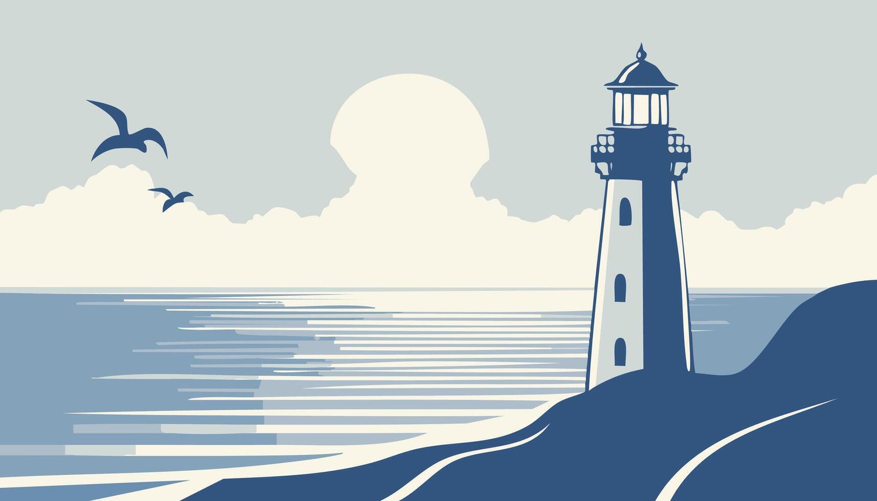 Lighthouse on the seashore with seagulls. vector