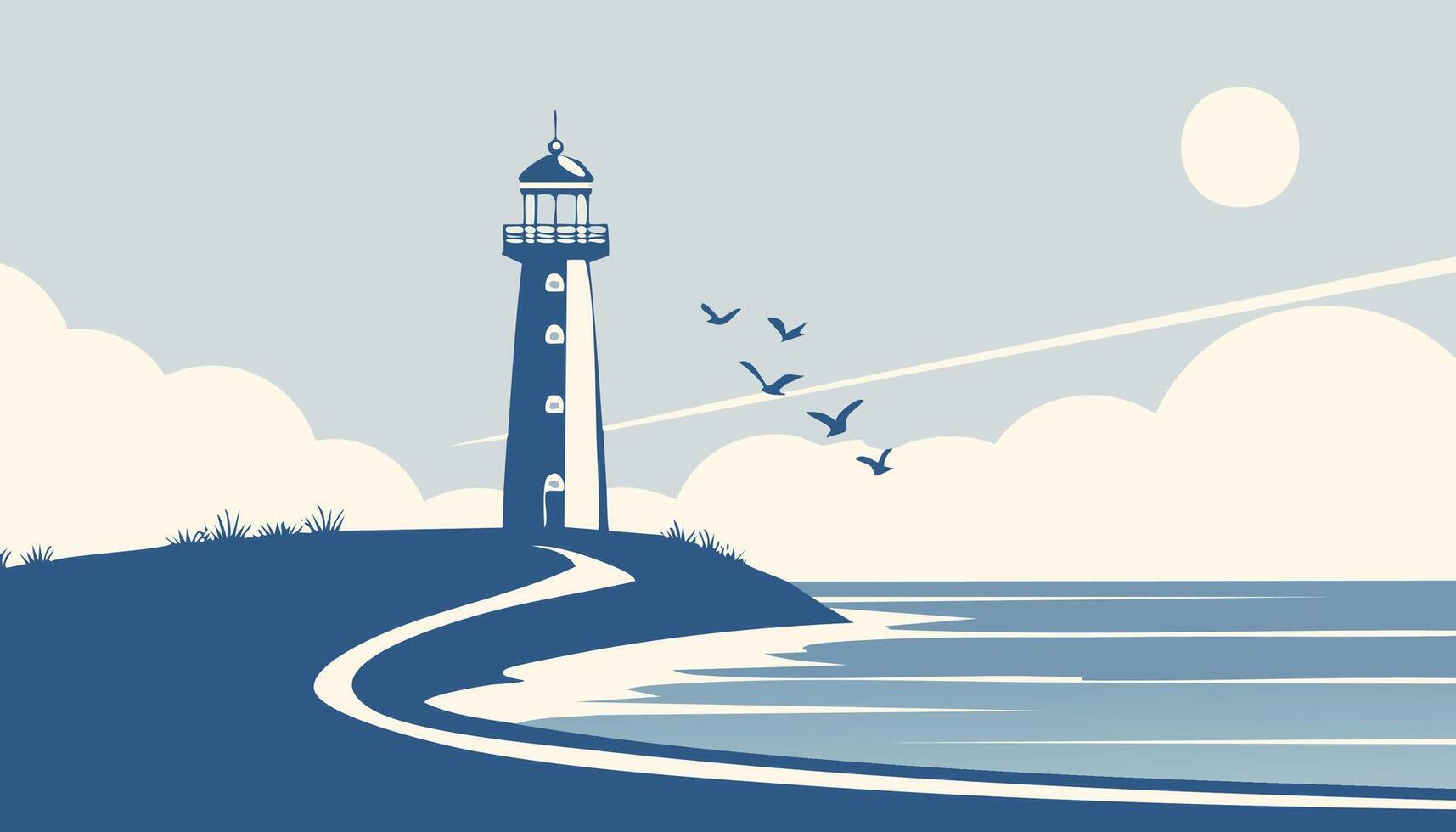 Lighthouse on the sea with blue birds. illustration in flat design style. vector