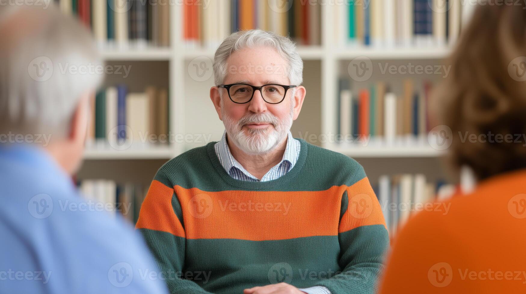 Group discussion on personal growth strategies cozy library setting content indoor close-up viewpoint photo