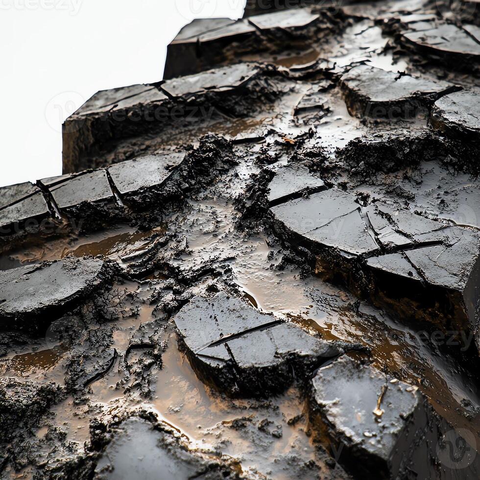 Close-up of a muddy, textured tire, showing rugged tread pattern and dirt details. photo