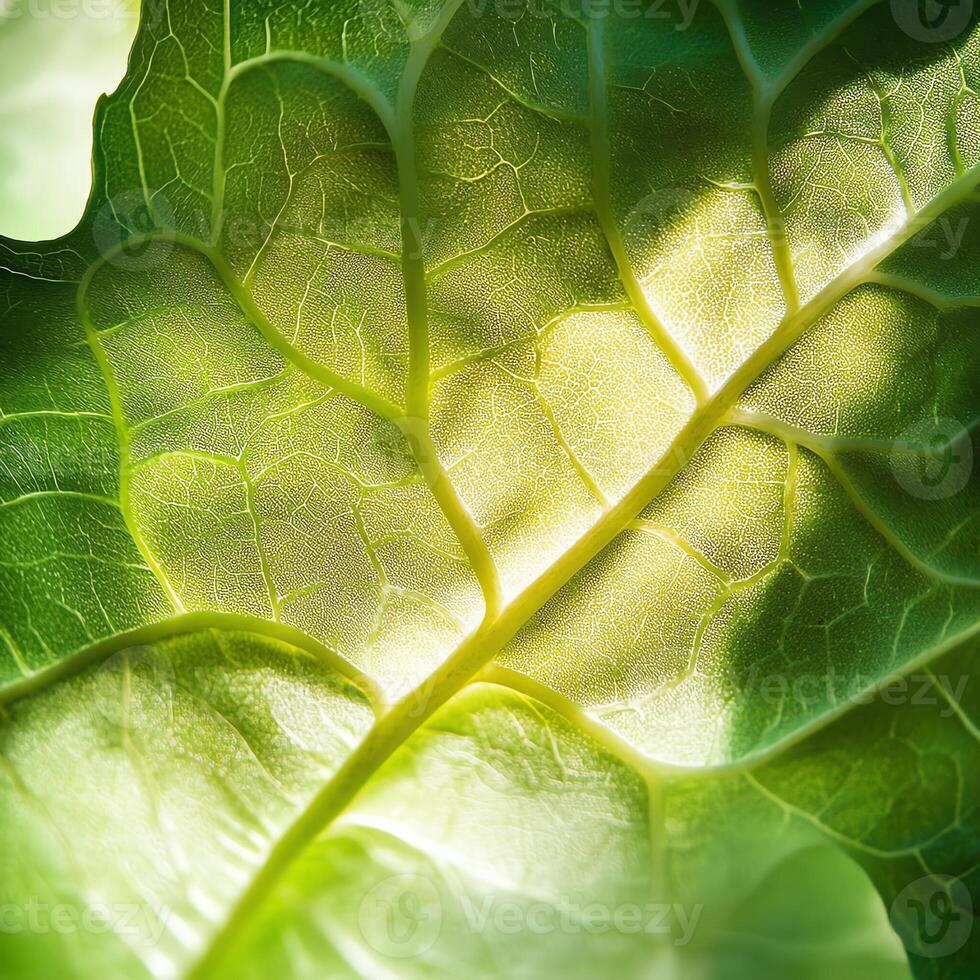 Close-up of vibrant green leaf with sunlight highlighting its intricate veins. photo