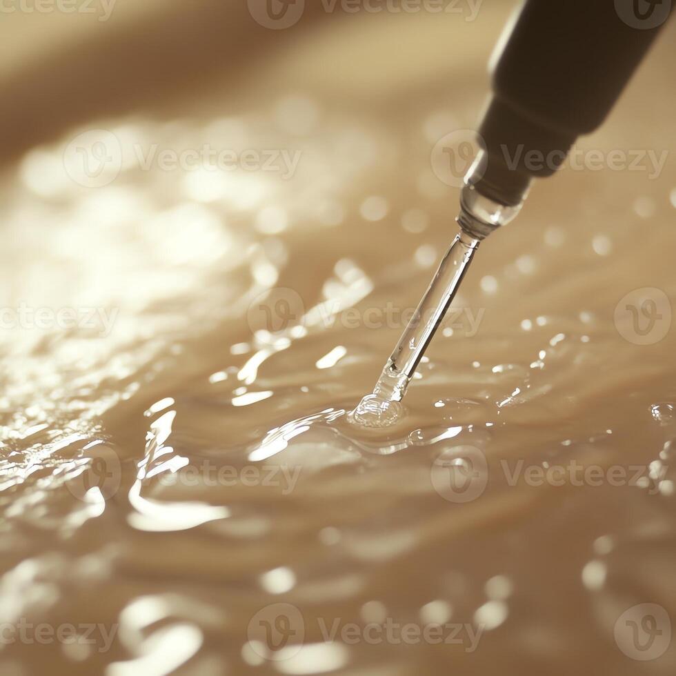 Close-up of a pipette dropping liquid into a viscous substance, creating ripples on the surface. Warm and soft lighting enhances the fluid texture. photo