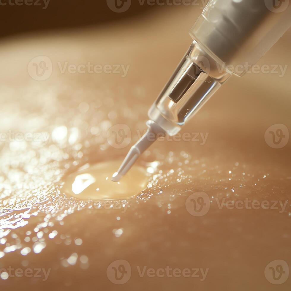 Close-up of a syringe delivering liquid to skin, highlighting precision in medical procedures, skincare, and health innovations. photo