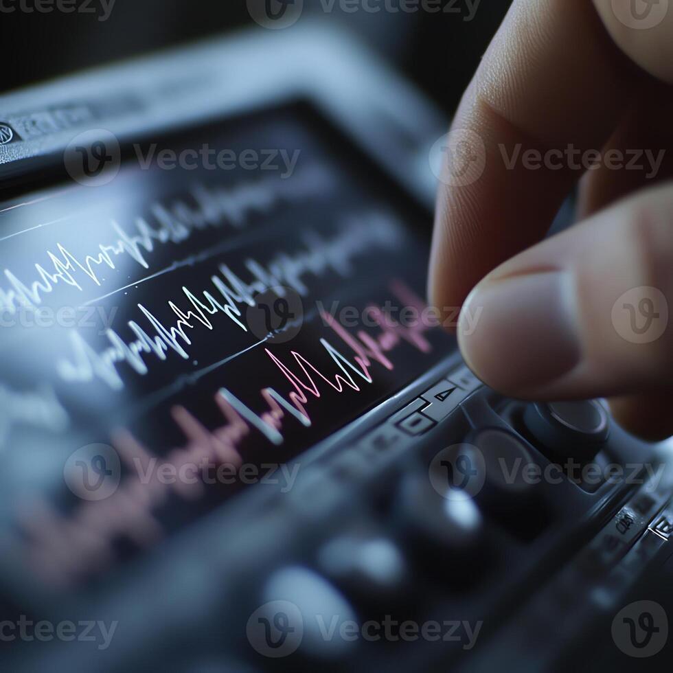 Close-up of a hand adjusting a waveform on an electronic device, capturing precision and control in a high-tech setting. photo