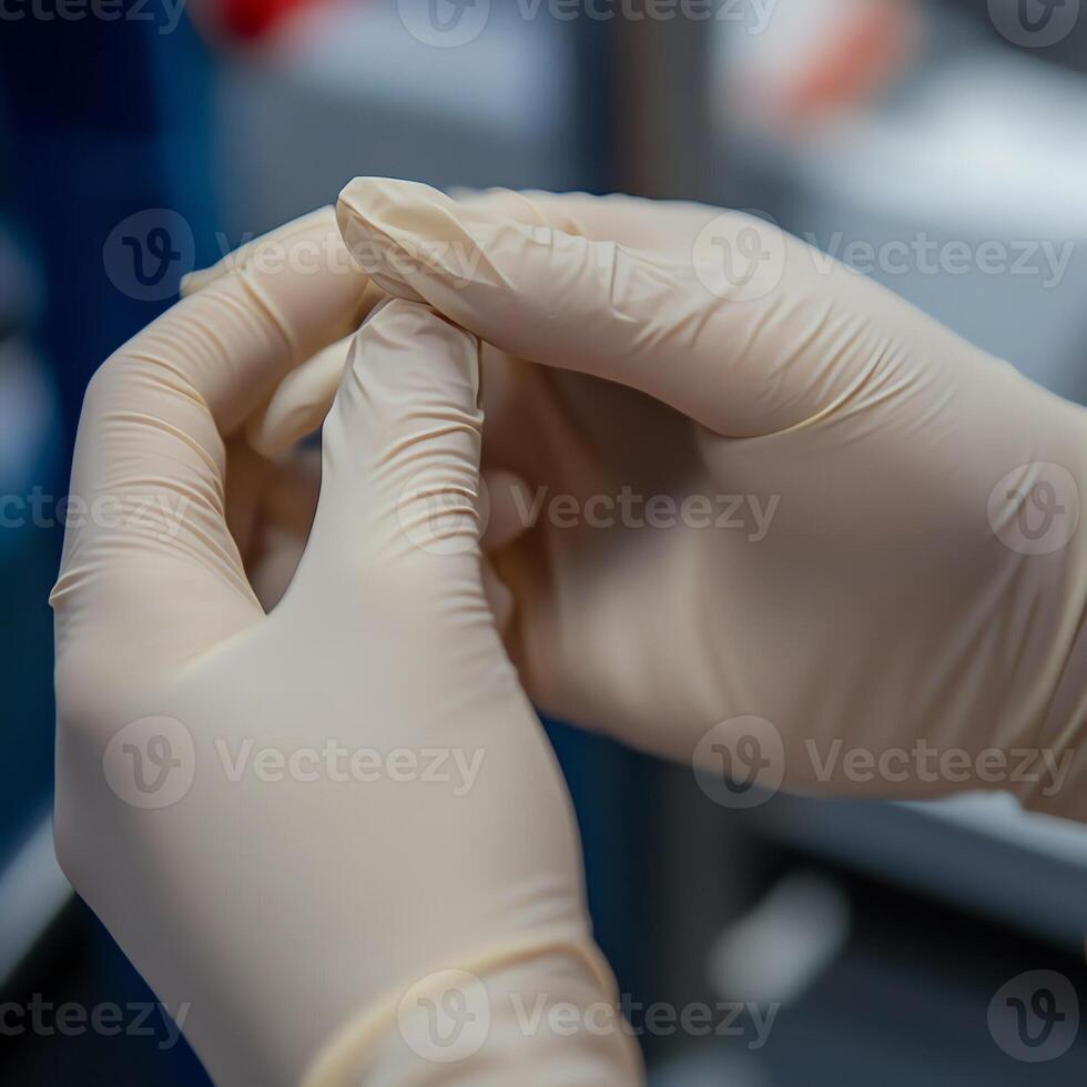 Close-up of hands wearing medical gloves, preparing for a procedure in a clinical setting. Focus on hygiene and safety. photo