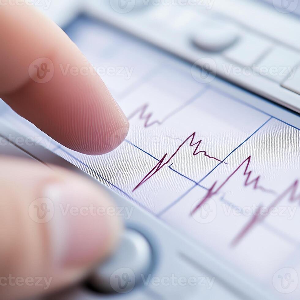 Close-up of a hand operating a medical device displaying heart rate graphs, emphasizing precision and advanced healthcare technology. photo