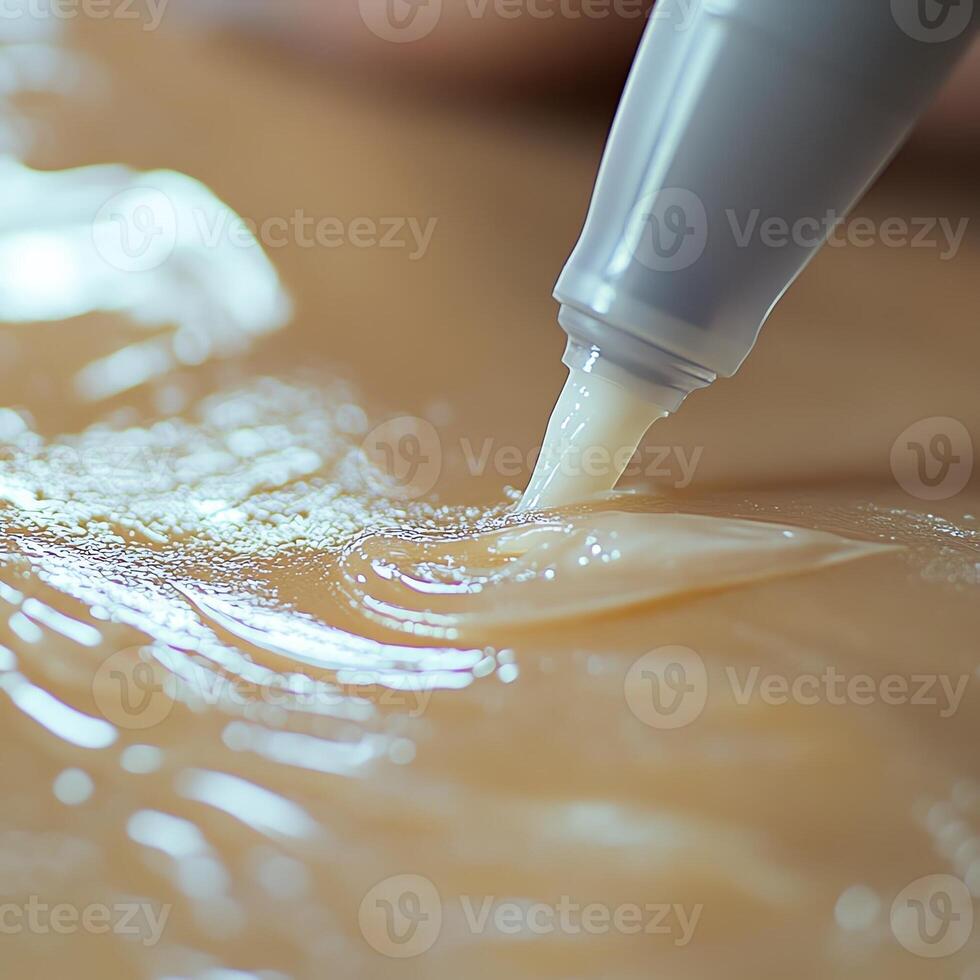 Close-up of industrial adhesive being precisely applied on a surface, showcasing texture and application technique. photo