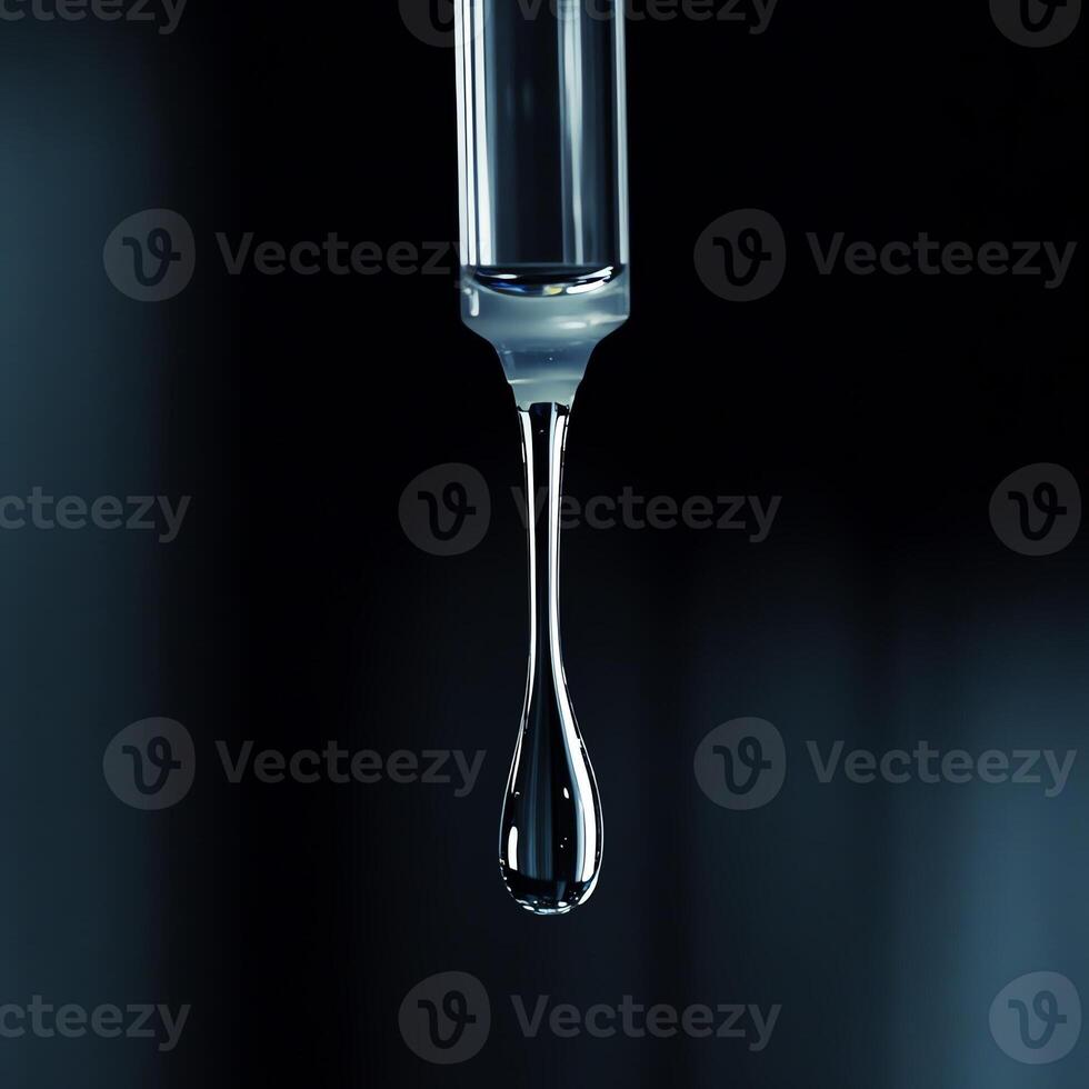 Close-up of a liquid drop forming at the tip of a pipette against a dark background, capturing the moment before it falls. photo