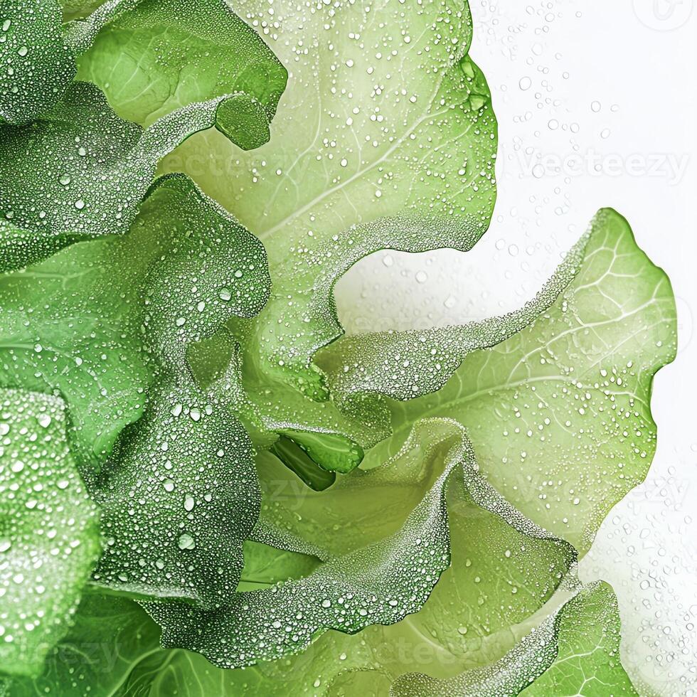 Fresh lettuce leaves with water droplets, detailed macro view. photo