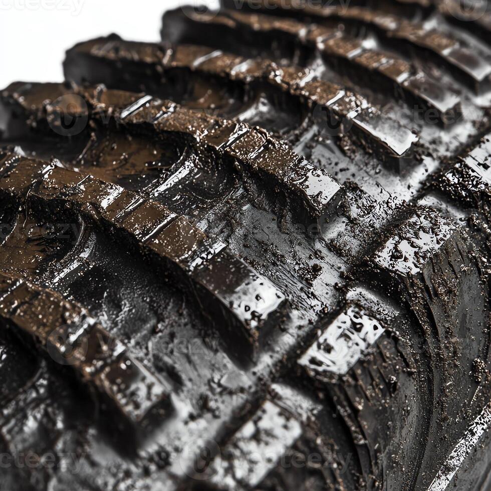 Close-up of a muddy tire tread, showcasing detailed texture and rugged design on a white background. photo