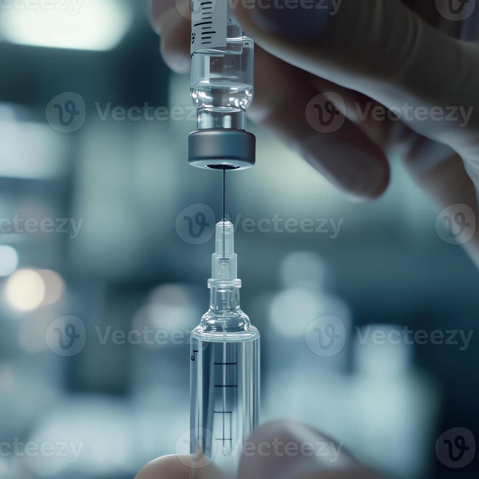 Close-up of hands handling a syringe and vial with a blurred background, representing medical injection preparation in a laboratory setting. photo