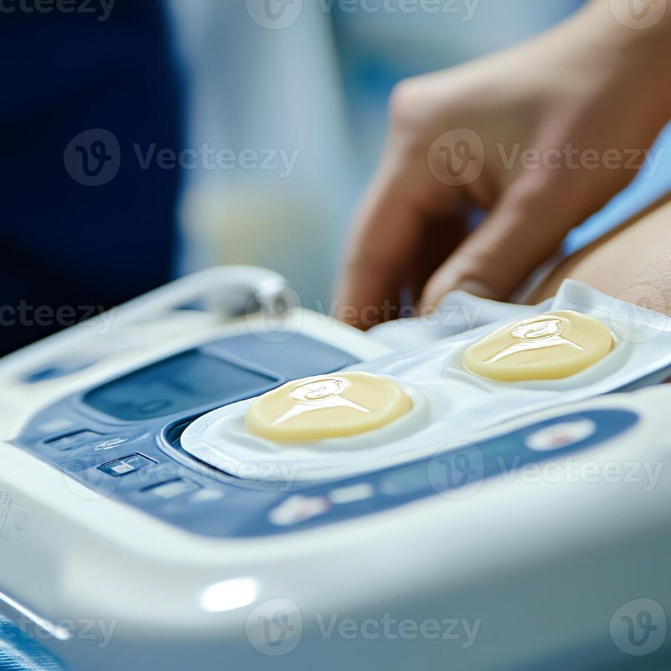 Close-up of a medical device with control buttons, highlighting technology in healthcare, blue and white colors with a hand adjusting settings. photo