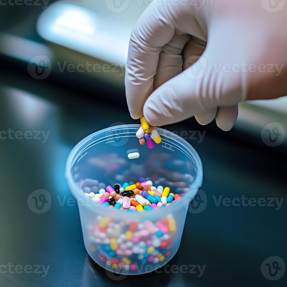 Gloved hand placing colorful pills into a clear plastic container on a metal surface, showcasing pharmaceutical precision. photo