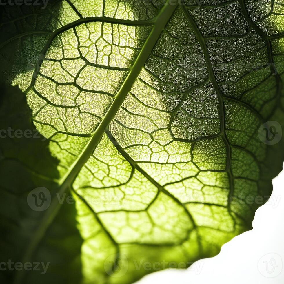 Close-up of a green leaf illuminated by sunlight, showcasing intricate vein patterns. photo