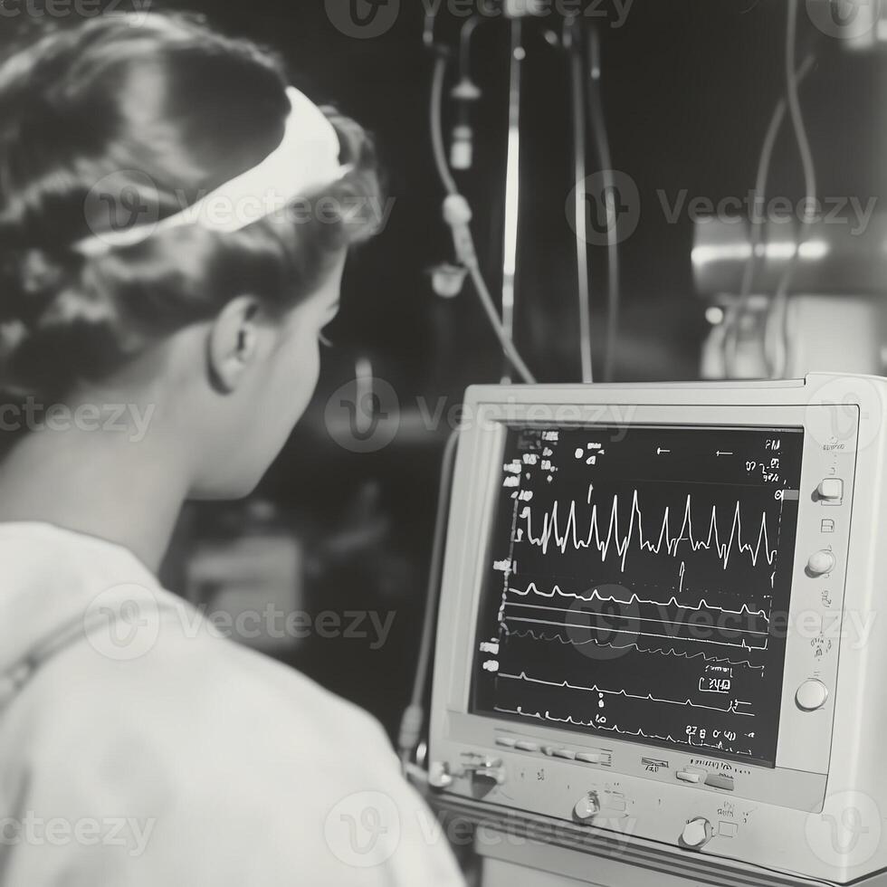 Medical professional monitoring heart rate on an electrocardiogram in a hospital setting, highlighting healthcare technology advancements. photo