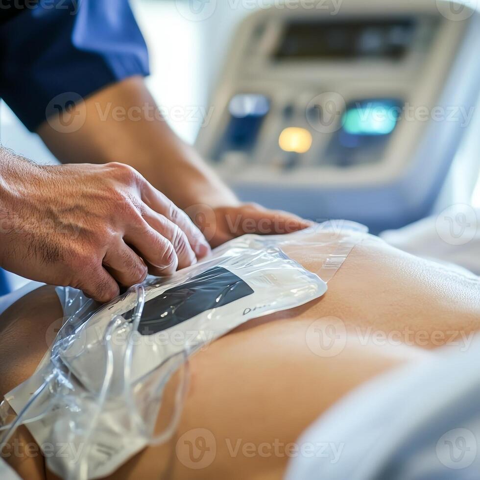 Medical professional applies defibrillator pad on patient's chest, close-up in hospital setting. photo