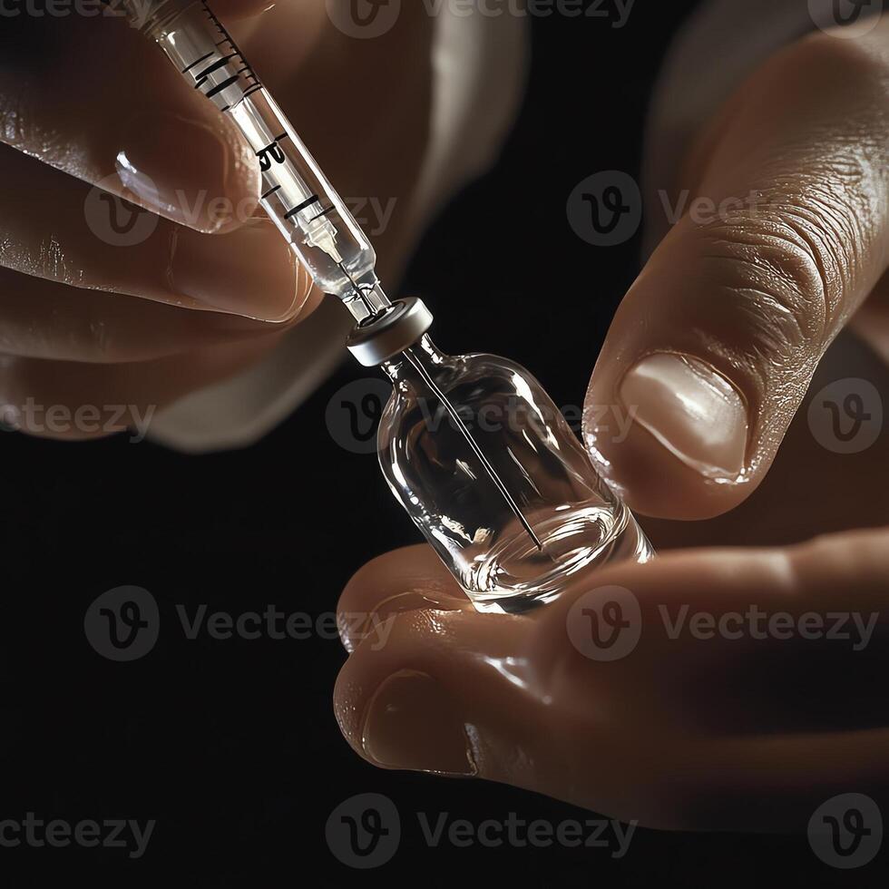 Close-up of hands preparing a syringe with liquid from a vial, representing medical and healthcare themes. photo