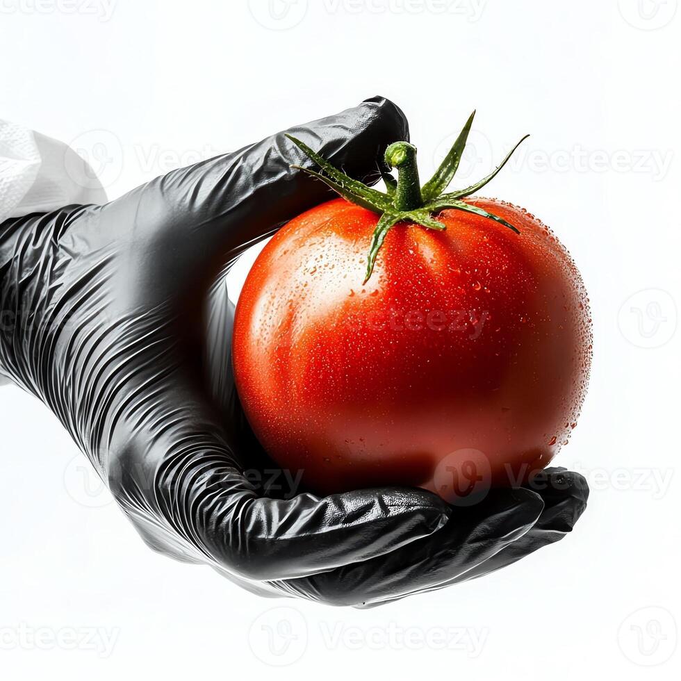 Hand in black glove holding fresh tomato with water droplets, white background photo