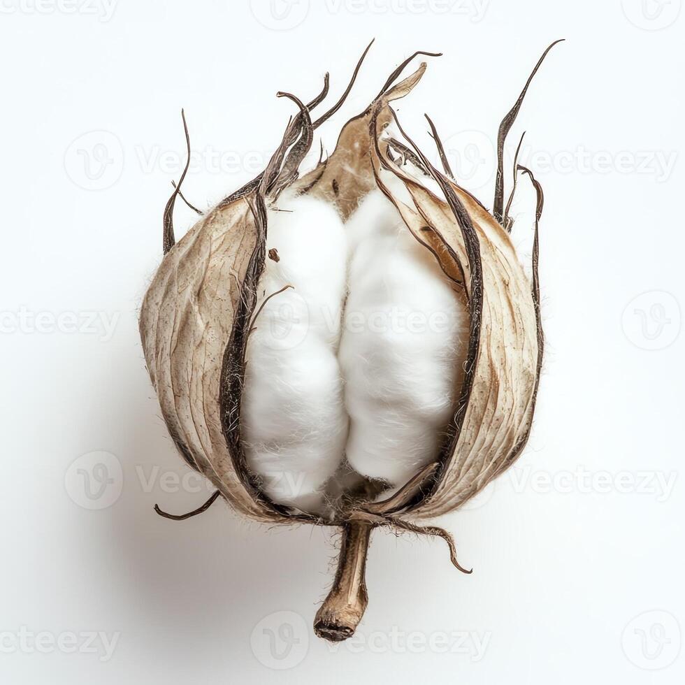 Cotton pod, white isolate background, showcasing natural fibers with dried husk photo