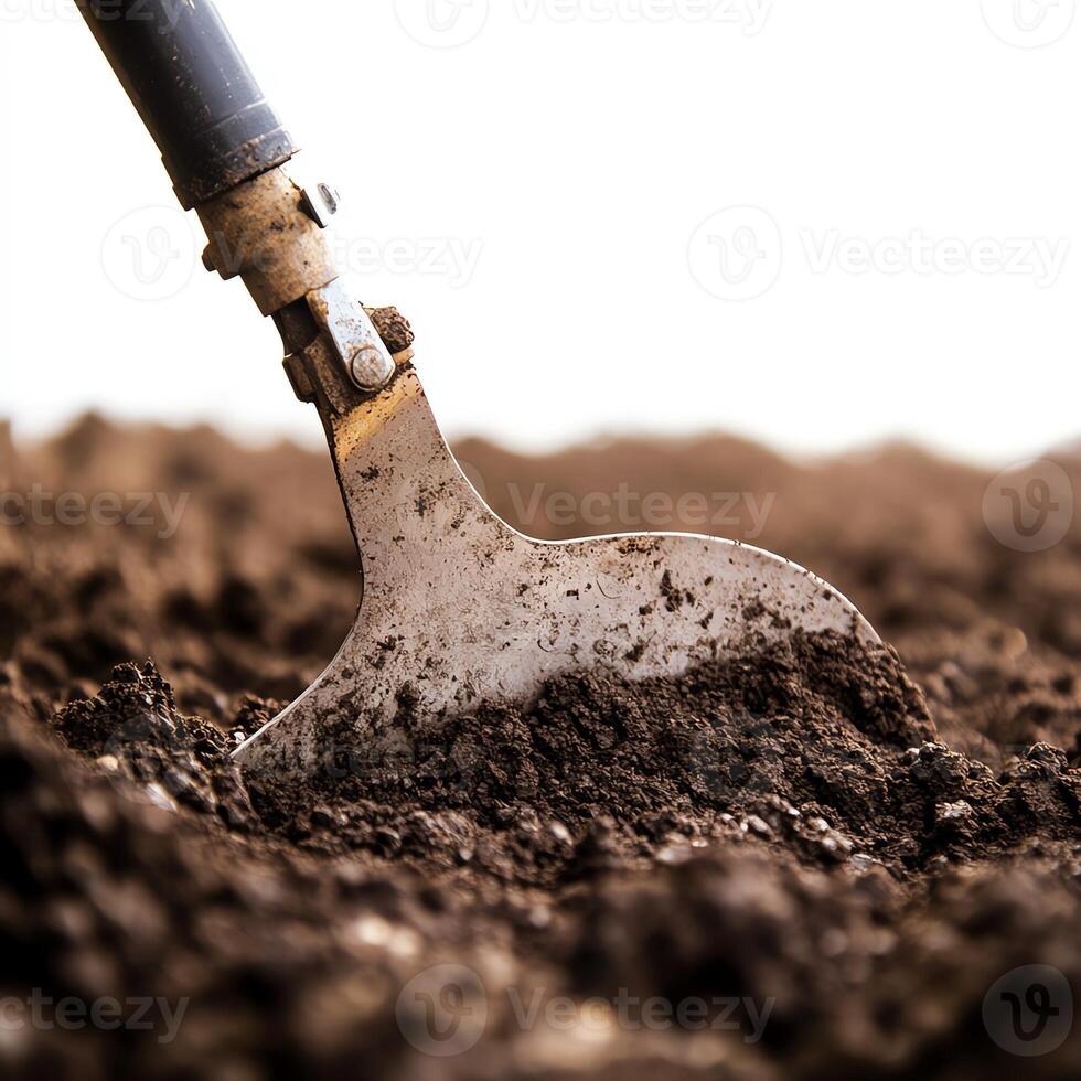 Close-up of garden trowel digging soil, symbolizing agriculture and cultivation. photo