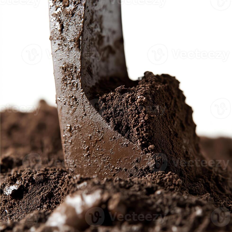 Shovel in rich brown soil, showcasing natural texture and earthiness. photo