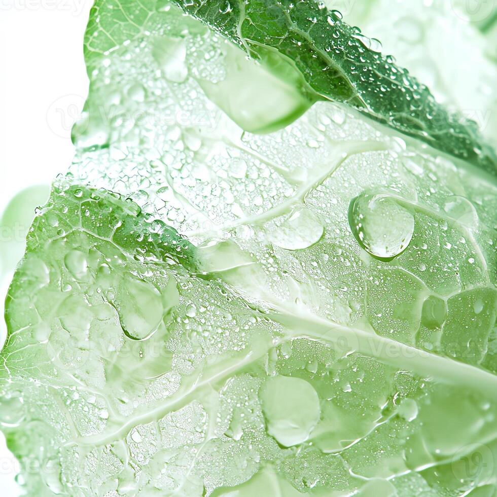 Fresh cabbage leaf with water droplets on white background, close-up. photo