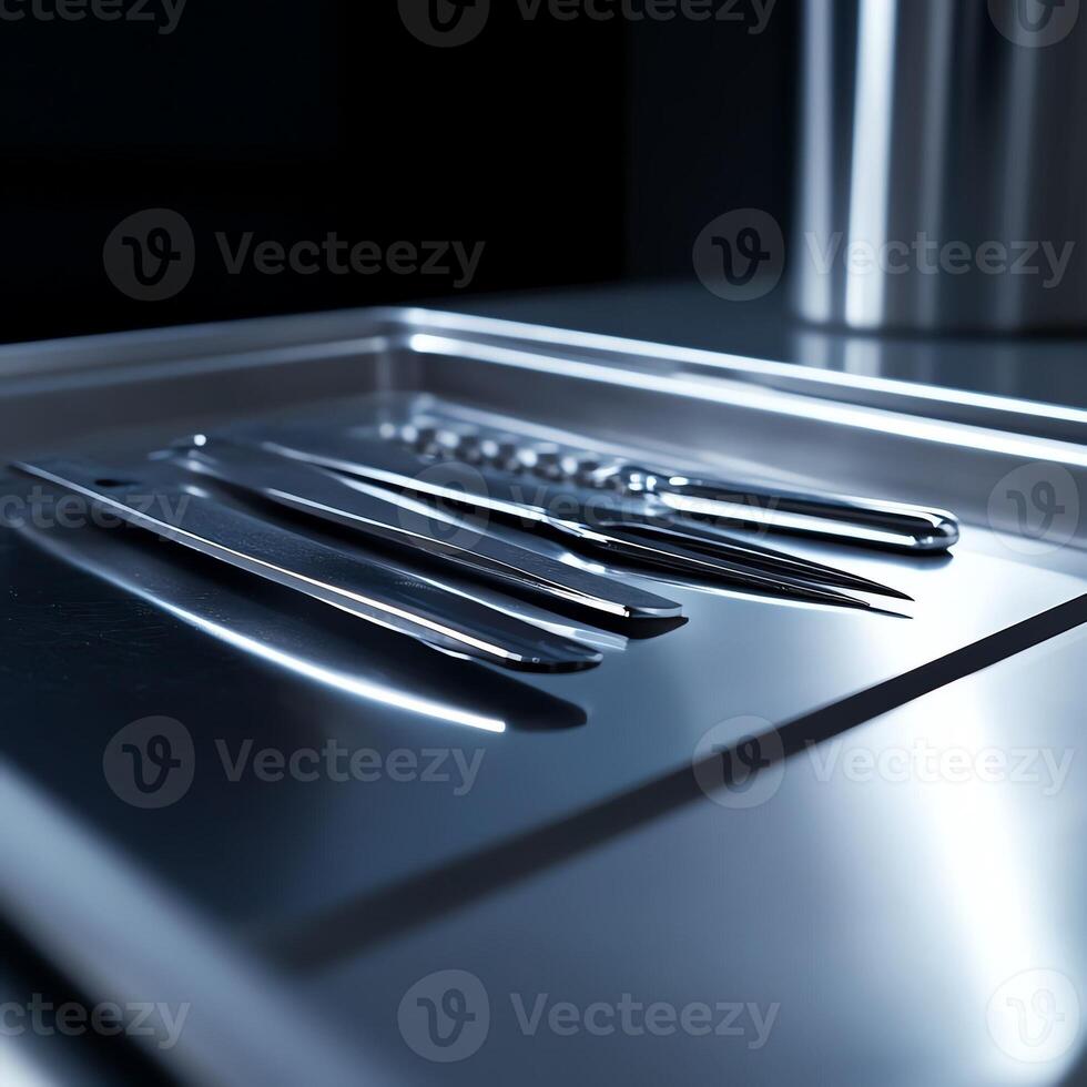 Surgical instruments on a sterile metal tray in a medical setting, highlighting precision and cleanliness in healthcare environments. photo