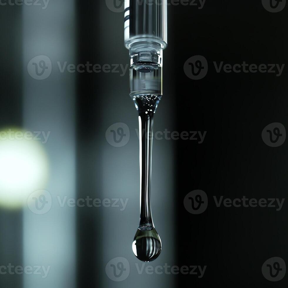 Close-up of laboratory dropper with a droplet of liquid, dark background, focusing on precision and texture. photo