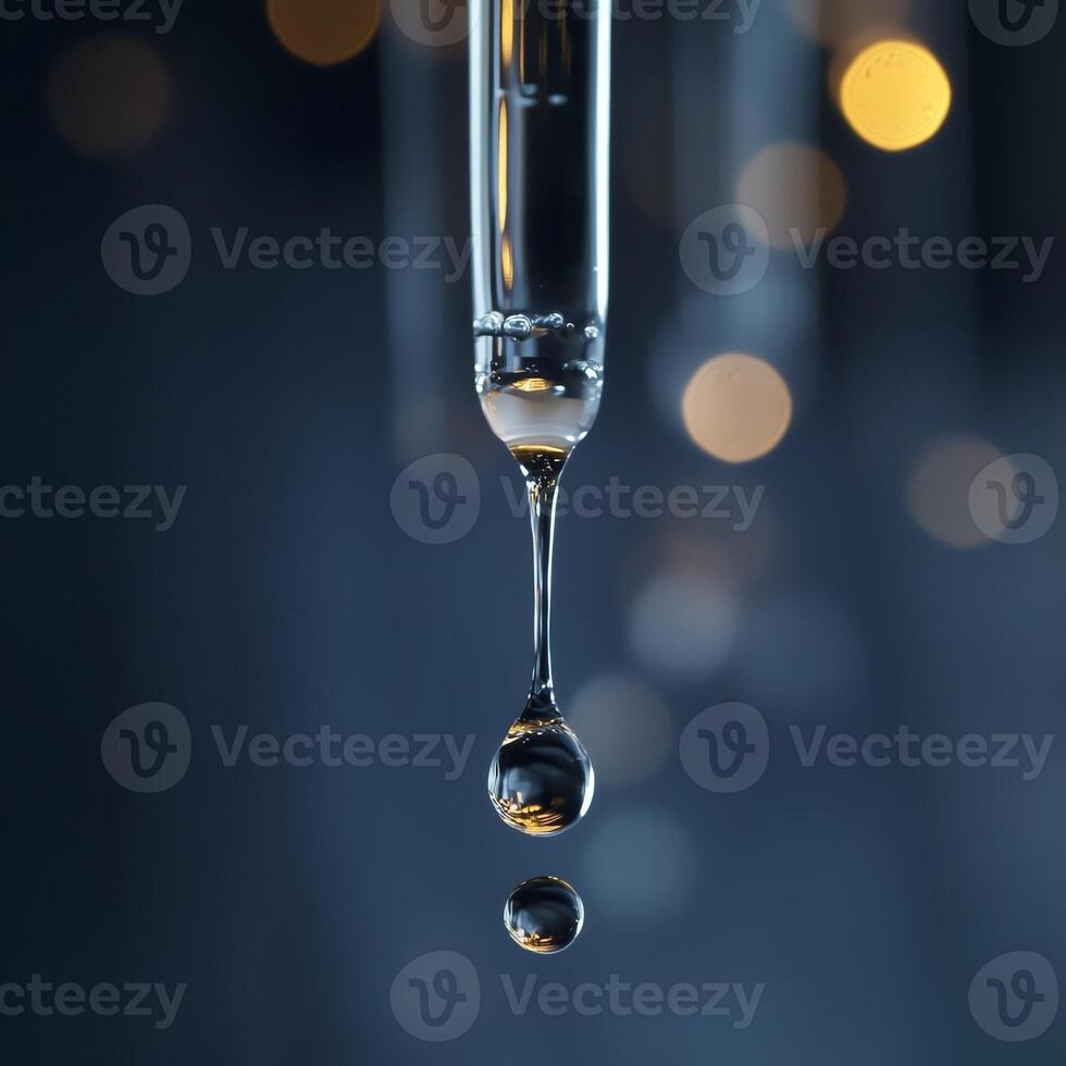 Close-up of a pipette releasing a droplet against a blurred background with bokeh lights, symbolizing precision in scientific research. photo