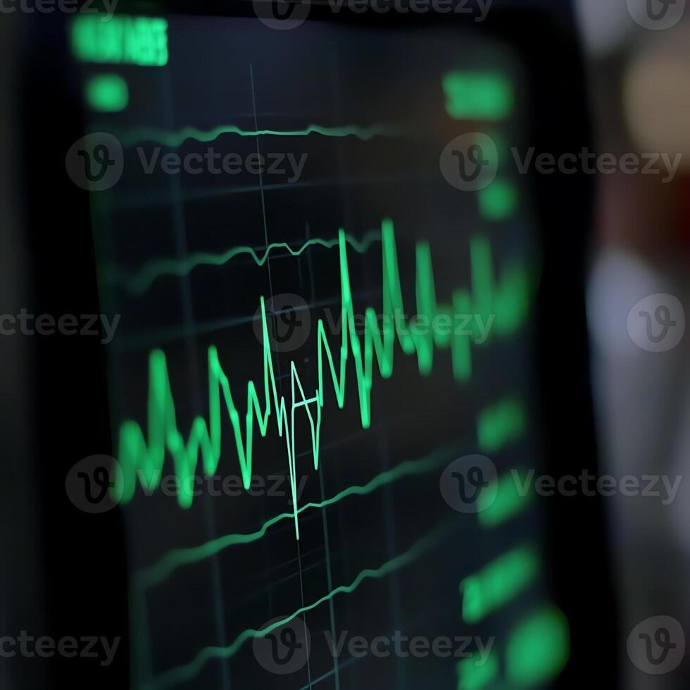 Close-up of a heart monitor displaying a green ECG waveform. Medical technology concept with vital signs on a screen. photo