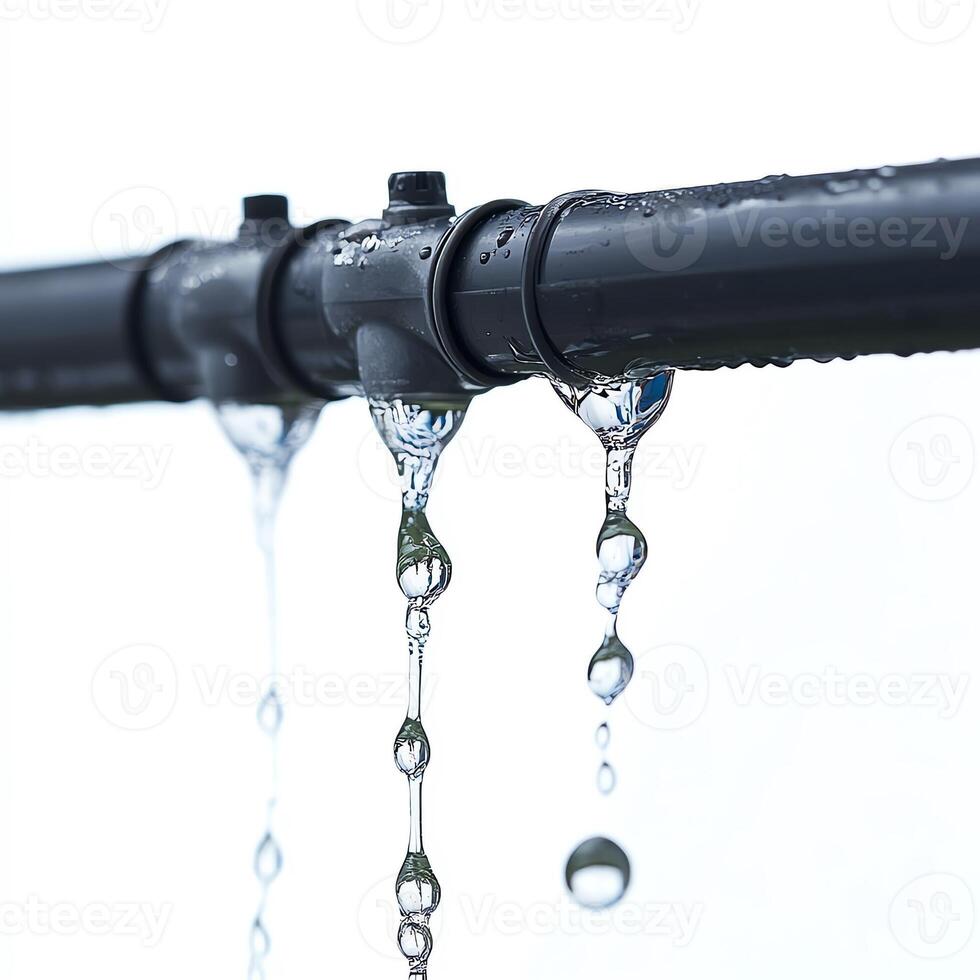 Close-up of water dripping from black pipe against white background. photo