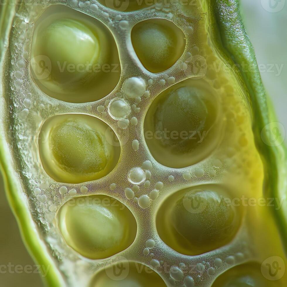 Close-up of fresh green peas in a pod with clear water droplets, highlighting texture and freshness. photo