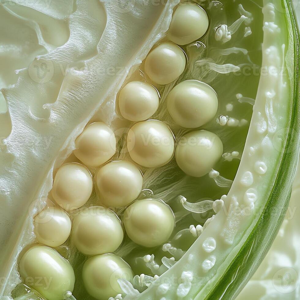 Close-up of fresh seeds inside a green capsule, showing intricate details. photo