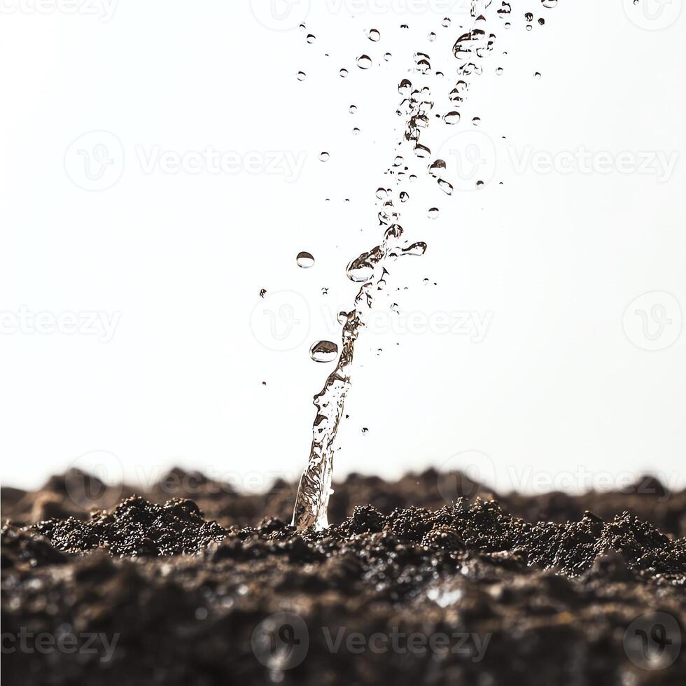 Water droplets splashing on soil with a white isolate background. photo