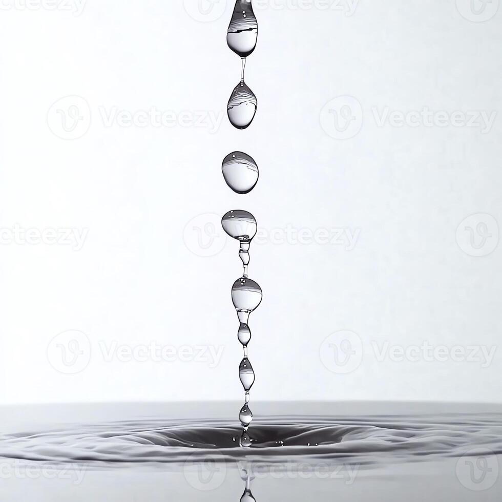 A series of water droplets falling into a clear pool creating ripples, isolated on a white background. photo