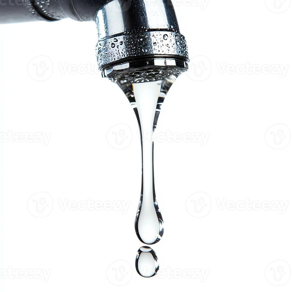 Water droplet emerging from a faucet against a pure white background. photo