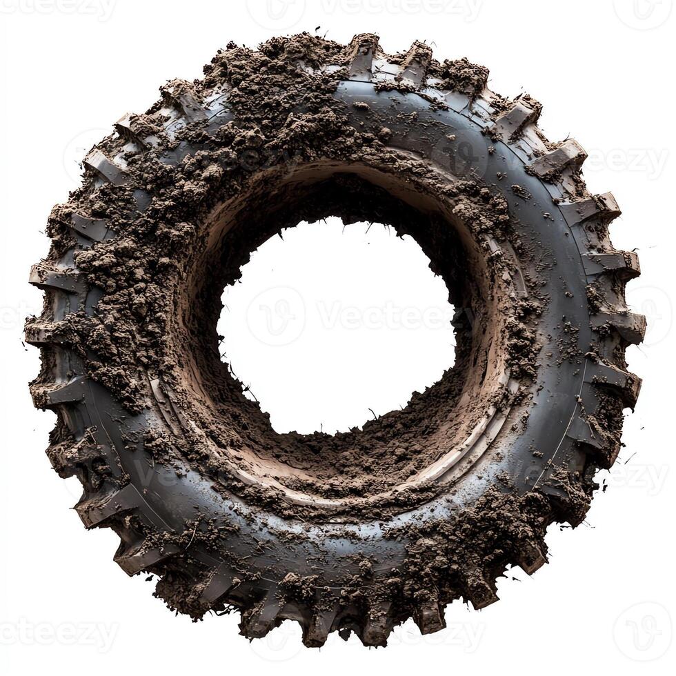 Mud-covered tire, white isolate background photo