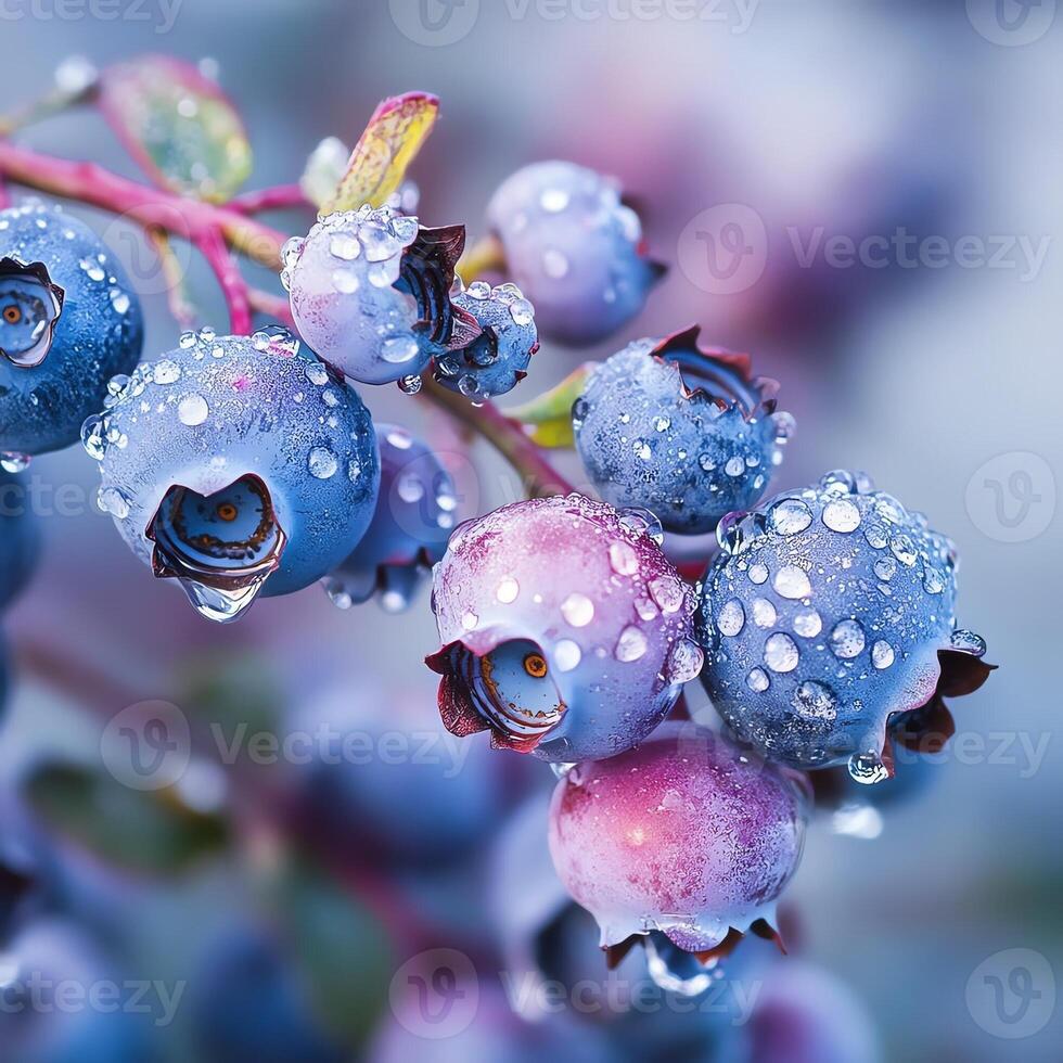 Cluster of fresh blueberries with dewdrops on branch, close-up. photo